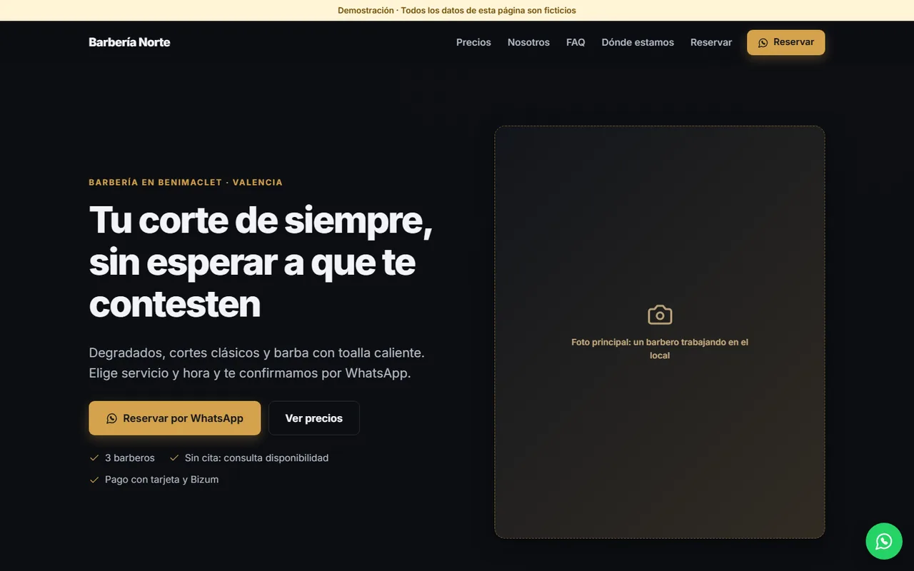 Captura real del Lead Page Starter con el perfil de barbería