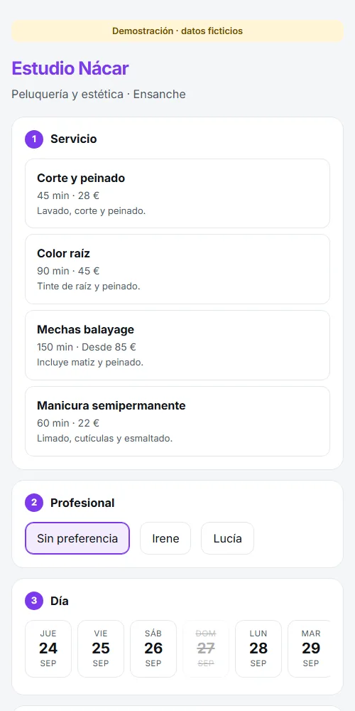 Captura real de Página de Reservas
